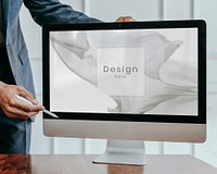 Businessman presenting a project on a computer desktop mockup