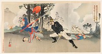 Captain Kurita, Who Fought Furiously with His Famous Sword Forged by Sukesada, in the Attack on Magong Fortress in the Pescadore Islands (1895) print in high resolution by Migita Toshihide. Original from the Saint Louis Art Museum. 