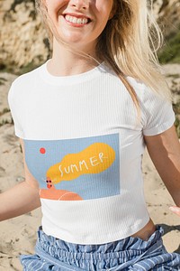 White t-shirt mockup psd with summer cute woman character beach apparel shoot