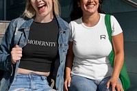 Casual tshirt mockup psd, happy women friends hanging out, outdoors summer shoot