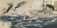 Big Victory: Our Fleet Sank Two Russian Ships, the Varyag and Korietz Respectively, on February 9, 1904 at the Port of Jinsen (Chemulpo) (1904) print in high resolution by Migita Toshihide. Original from the Saint Louis Art Museum. 