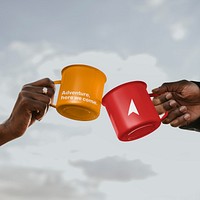 Camping coffee mug mockup, hot drink  psd