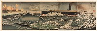 Our Fleet of Warships Bombarding Dalian Bay (1894) print in high resolution by Kobayashi Kiyochika. Original from the Saint Louis Art Museum. 