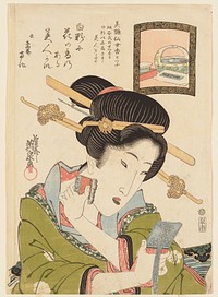 Putting on Face Powder (c. 1824 ) print in high resolution by Keisai Eisen. Original from Minneapolis Institute of Art. Original from the Minneapolis Institute of Art.