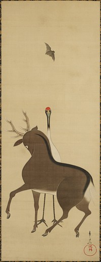 Deer, Crane and Bat during 19th century painting in high resolution by Suzuki Kiitsu. Original from the Minneapolis Institute of Art.