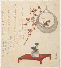 (New Year's Flower Arrangement on a Table and in a Hanging Vase) (1820s) print in high resolution by Keisai Eisen. Original from Minneapolis Institute of Art. Original from the Minneapolis Institute of Art.