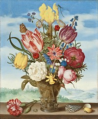 Bouquet of Flowers on a Ledge (1619) by Ambrosius Bosschaert.  