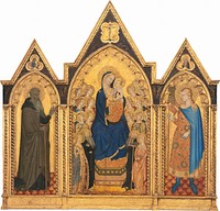 Madonna and Child Enthroned with Saints and Angels, and Saints Anthony Abbot and Venantius (1354) by Puccio di Simone & Allegretto Nuzi.  