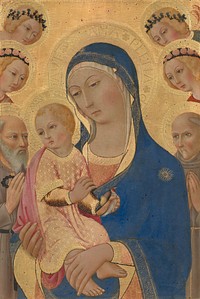 Madonna and Child with Saint Jerome, Saint Bernardino, and Angels (ca. 1460–1470) by Sano di Pietro.  