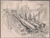 Submarines in drydock (1917) print in high resolution by Joseph Pennell.  