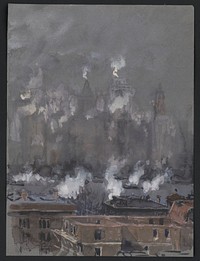 Smoke and fog on gray day, New York City (between ca. 1910 and 1926) painting in high resolution by Joseph Pennell.  