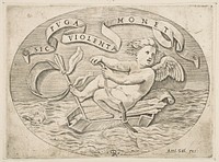 Eros Escaping by Sea; Cupid using his bow to propel a boat made from his quiver with an arrow as the mast and his blindfold as the sail, a banderole above