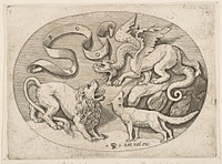 A lion, dragon and fox fighting each other, an inscribed banderole above, an oval composition