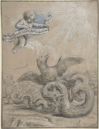 Design with an Eagle Fighting with a Serpent and a Putto in the Sky Holding an Inscribed Banner.