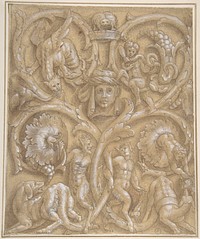 Design for an Ornamental Panel with Rinceaux, Satyrs, Putti, Monsters and a Human Head, attributed to Giulio Campi