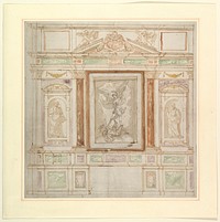 Architectural Design for a Monumental Altar, with a Composition with Saint Michael Against Satan and two Saints (Saints Peter and Paul?), Anonymous