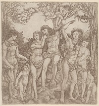 Allegory of the Power of Love, with a man at center embracing a semi-naked woman, who is bound to a tree by Cupid