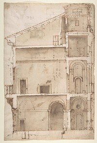 Palazzo Salviati in Rome, section (recto) Palazzo Salviati in Rome, details (verso), drawn by Anonymous, French, 16th century