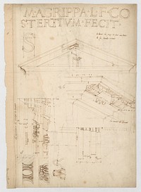 Pantheon, pediment details (recto) Pantheon, pilaster capital profile and projected elevation, column diagram, bronze door detail (verso)