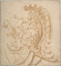 Design for a Trophy with Sword and a Plumed Helmet Decorated with Grotesques Masks, Classical Motifs.