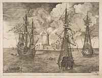 Four-Master (Left) and Two Three-Masters Anchored near a Fortified Island with a Lighthouse from The Sailing Vessels by Hieronymus Cock