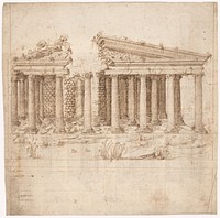 Recto: Front Elevation of a Roman Temple in Ruins (inspired by Giuliano da Sangallo); Verso: Elevation of the Nave of a Roman Basilica in Ruins (? the Basilica Giulia, inspired by Giuliano da Sangallo)., attributed to a member of the Sangallo family (Florence, ca. 1530–1545)