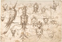 Studies for birds and grotesque masks (recto); candelabra grotesques, ewers and vases (verso), ? attributed to Andrés de Melgar