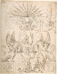 Griffins, female grotesque, mask and figures (recto); two turtle-like creatures and a scene with figures (verso), ? attributed to Andrés de Melgar