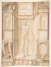 Study of a Figure in a Niche (Saint Ambrose; recto); Architectural Studies: Four Alternative Designs for Fictive Niches and an Unrelated Design with Garlands (verso), ca. 1560-67 by Giuseppe Arcimboldo