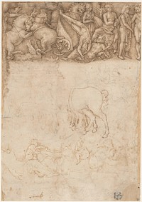Studies after the Antique: The Fall of Pha&euml;thon, Horses, Reclining Women with Children (recto); Studies after the Antique: An Altar or Urn, Lion Attacking a Horse (verso) by Amico Aspertini