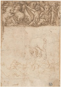 Studies after the Antique: The Fall of Phaëthon, Horses, Reclining Women with Children (recto); Studies after the Antique: An Altar or Urn, Lion Attacking a Horse (verso) by Amico Aspertini