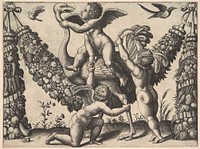 Three putti before a large garland, the one in the middle rides an ostrich, from a series of tapestries made for Leo X by Master of the Die