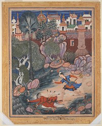 "'Umar Walks around Fulad Castle, Meets a Foot Soldier and Kicks Him to the Ground", Folio from a Hamzanama (The Adventures of Hamza), attributed to Kesav Das