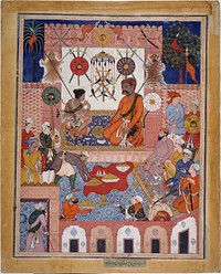 "Misbah the Grocer Brings the Spy Parran to his House", Folio from a Hamzanama (The Adventures of Hamza) attributed to Dasavanta and Mithra