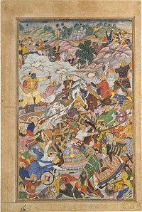 "Krishna and Balarma Fighting the Enemy", Folio from a Harivamsa (The Legend of Hari (Krishna)), ca. 1590–95