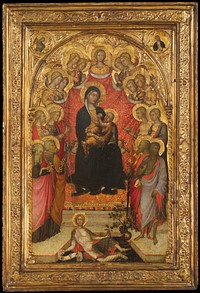 Madonna and Child Enthroned with Saint John the Evangelist, Saint Peter, Saint Agnes, Saint Catherine of Alexandria, Saint Lucy, an Unidentified Female Saint, Saint Paul, and Saint John the Baptist, with Eve and the Serpent; the Annunciation by Paolo di Giovanni Fei, Italian