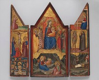 Madonna and Child Enthroned with Saints Peter, Bartholomew, Catherine of Alexandria, and Paul, and (below) the Nativity; left wing (top to bottom): Annunciatory Angel, Crucified Christ with the Virgin, Saints Mary Magdalen and John, and Christ as the Man of Sorrows; right wing (top to bottom): Virgin Annunciate, Saints Onophrius and Paphnutius, and Saint Onophrius Buried by Saint Paphnutius., artist Matteo di Pacino