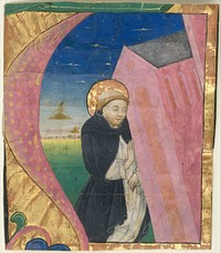 Manuscript Illumination with Saint Dominic Saving the Church of Saint John Lateran in an Initial A, from a Gradual, Italian