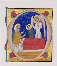 Manuscript Illumination with Tobit, Tobias, and the Archangel Raphael in an Initial O, from an Antiphonary, Italian