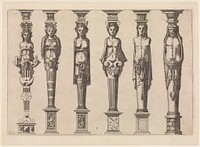 Six terms, four female and two male, with Hercules at far right, plate 1, from Caryatidum [...] sive Athlantidum multiformium ad quemlibet Architecture ordinem Accommodatarum centuria prima [...] by various artists/makers