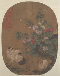 Hollyhocks and Cats by Unidentified artist