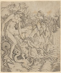 A triton family in the sea, with a mother and child seated on the back of a half-man, half-sea monster with a child blowing on a conch shell on his shoulders by Giovanni Battista Palumba