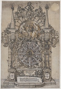 Triumph of Death with three fates in an architectural frame above a wheel of fortune flanked by skeletons; a skull and an hour glass at top and with wheel intended to spin at center by Andrea Andreani