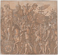 Sheet 2: A figure on a triumphal chariot surrounded by figures on horseback, from The Triumph of Julius Caesar by Andrea Andreani