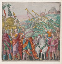 Sheet 4: Men carrying trophies at left, trumpeters at right, from The Triumph of Julius Caesar by Andrea Andreani (Intermediary draughtsman by Bernardo Malpizzi)