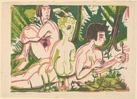Nude Women with a Child in the Forest (1925) print in high resolution by Ernst Ludwig Kirchner.  