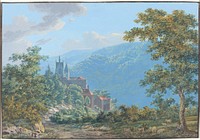 A Fortress in a Mountain Landscape at Sunrise (1810) by Jakob Wilhelm Huber.  