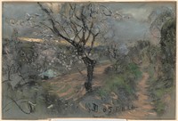 A Hillside Path with Blooming Cherry Trees under an Overcast Sky (1905) by Francesco Paolo Michetti.  