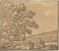 A Landscape with Three Figures and a Dog drawing in high resolution by Théodore Rousseau (1812–1867).  