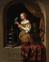 A Woman Feeding a Parrot, with a Page (1666) by Caspar Netscher.  